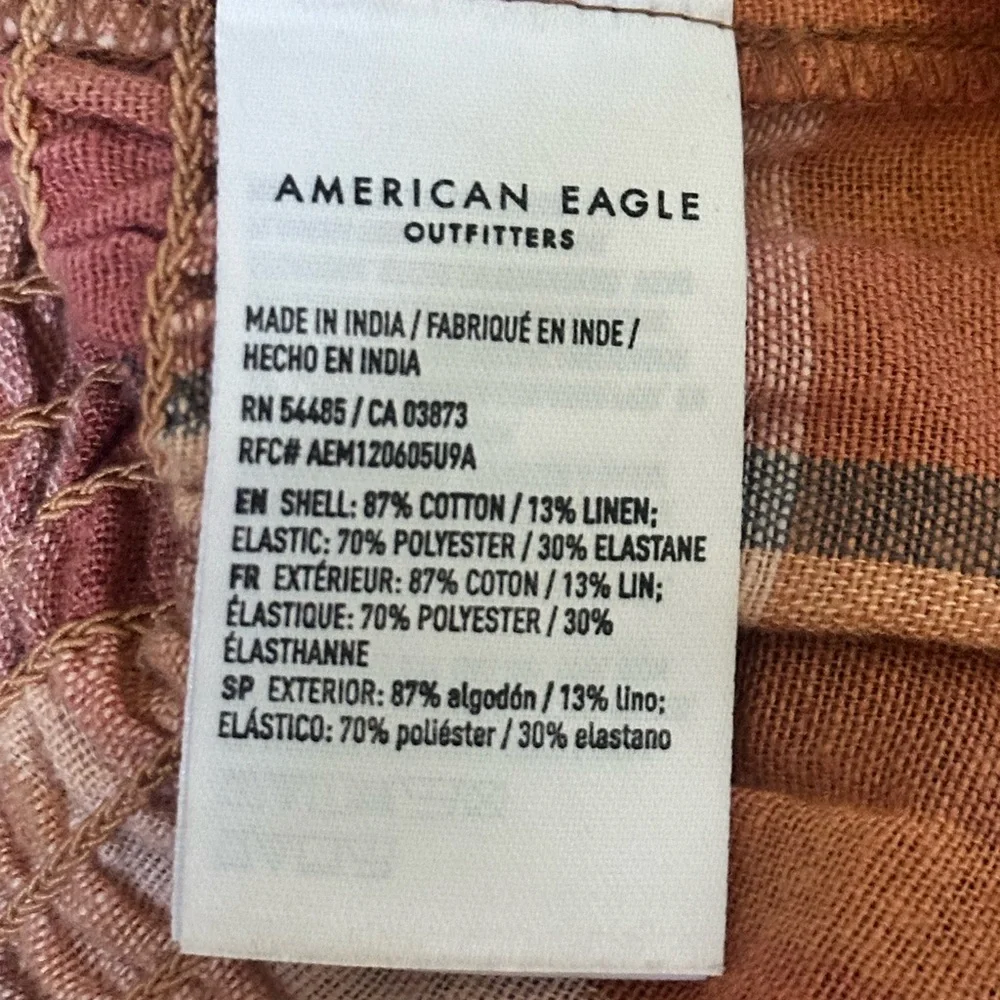 Sz M American Eagle smocked strapless tube top ruffled plaid linen warm tone